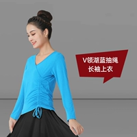 Синий лонгслив, V-образный вырез, на шнурках