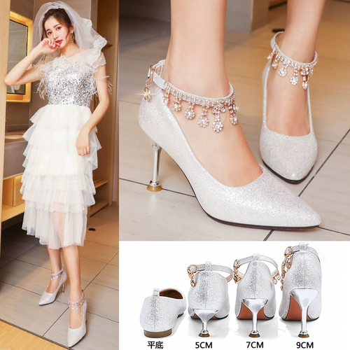 Серебряные свадебные туфли, обувь на высоком каблуке для невесты, свадебное платье, коллекция 2023, для подружки невесты