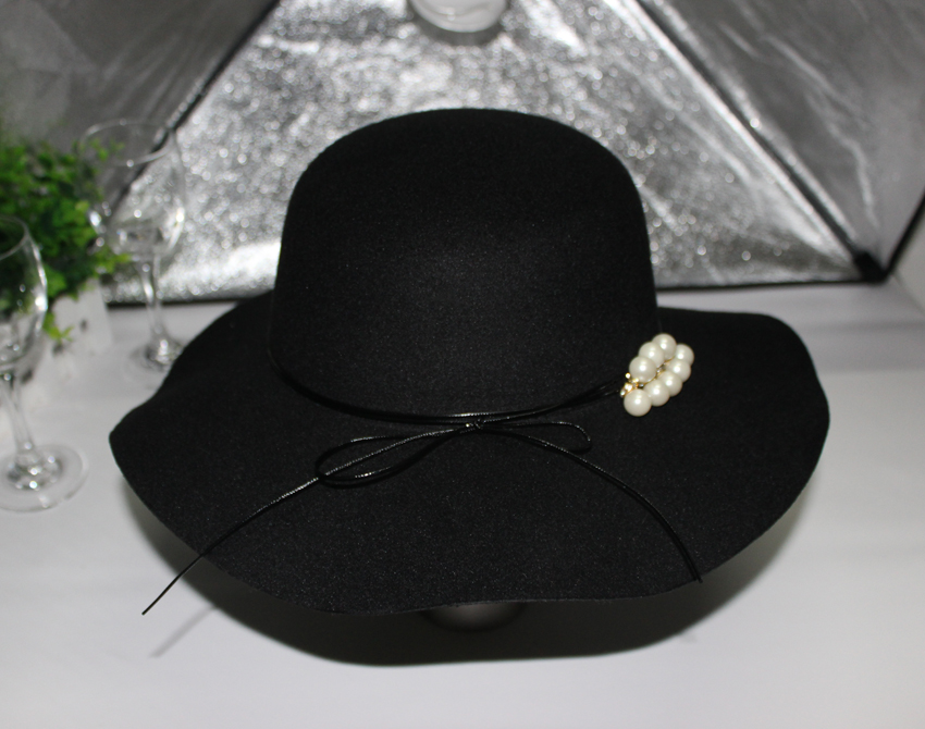 春秋季女士礼帽韩版高贵流行时尚羊毛呢毡帽子潮盆帽珍珠毛呢帽