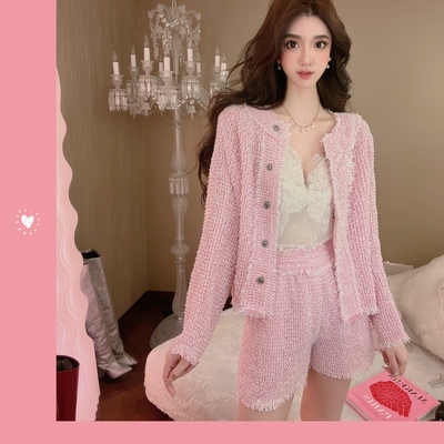 taobao agent Alu private server OOTD French input cicada yarn breathable wool milk incense wind early autumn lady knitted cardigan suit