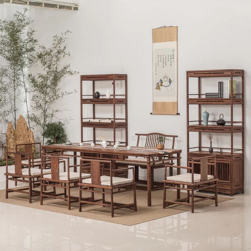 Новый китайский стиль Zen Tea Table Стул Комбинация Blackh Peach Столковое дерево чайное столовое столовое комната чайная комната кунг -фу чайный стол Ming