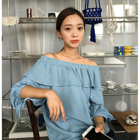 【owole 朴瑟seul】时尚灰蓝两穿百褶小上衣