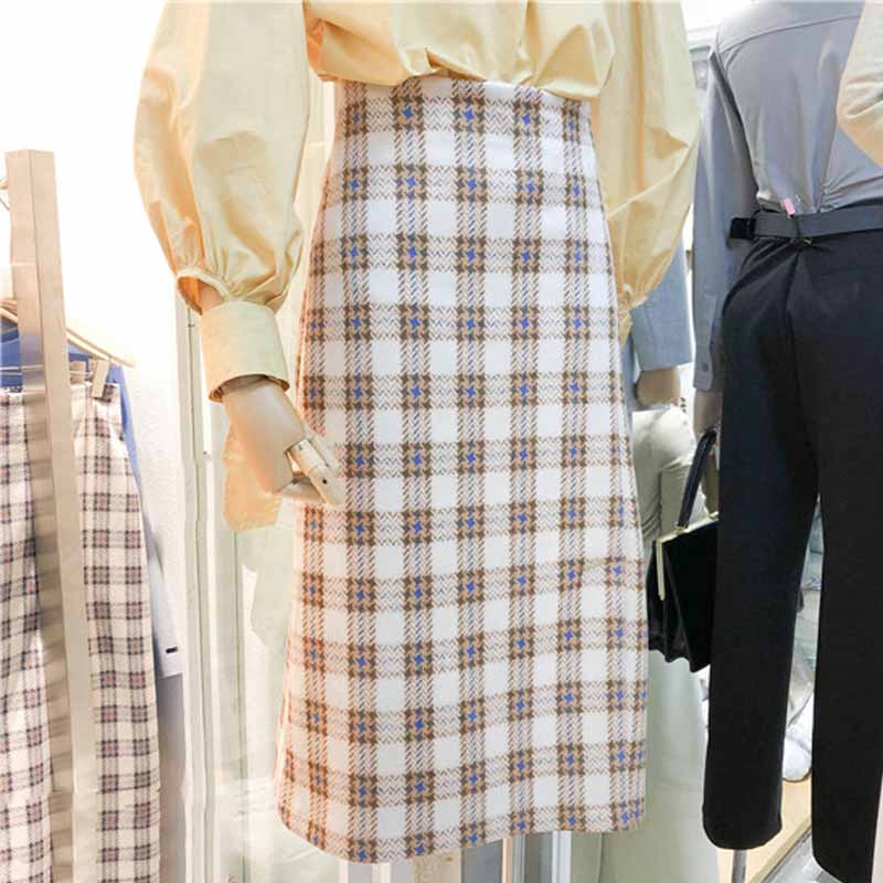2018韩国ulzzang秋装新款高腰麂皮绒格子半身裙女中长款包臀裙子