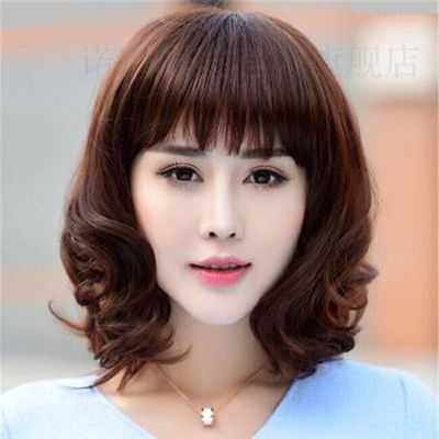 taobao agent Fashion ladies wig long curly curl oblique bangs big waves, real round face, middle -aged mother medium long hair full hair