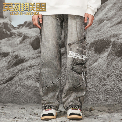 taobao agent League of Legends X Beerser joint LOL retro gray jeans printed printed loose straight spring and autumn tide