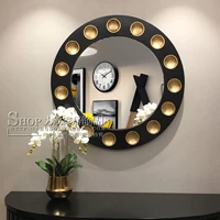 Европейская стиль черная стена -декоративное зеркало ретро -круговой крыльцо зеркало гостиная камин искусство висящее зеркало Фоновая стена