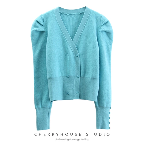 Ретро трикотажный свитер, кардиган, короткая осенняя куртка, французский стиль, рукава фонарики, коллекция 2022, высокая талия