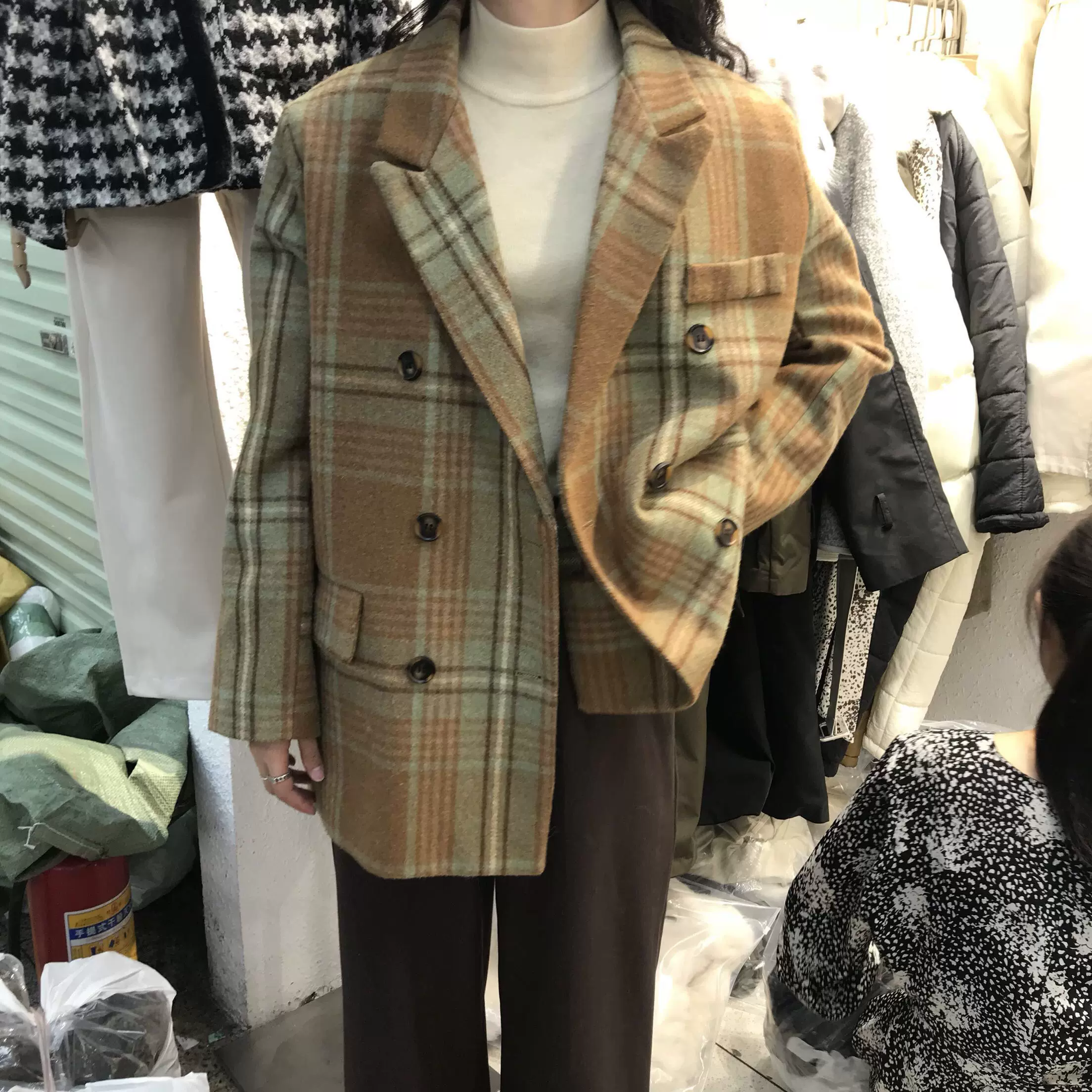 月亮与花野家马海毛娃娃领加棉显瘦中长呢子大衣配包包两件套