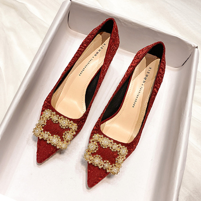 taobao agent Burgundy wedding shoes pointy toe high heels, footwear for bride, 2021 collection, restless legs relief
