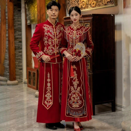 Традиционный свадебный наряд Сюхэ, бархатное свадебное платье, коллекция 2023, по фигуре, китайский стиль, дракон и феникс