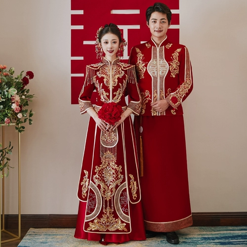 Бархатный комплект для невесты для влюбленных, китайский стиль, дракон и феникс