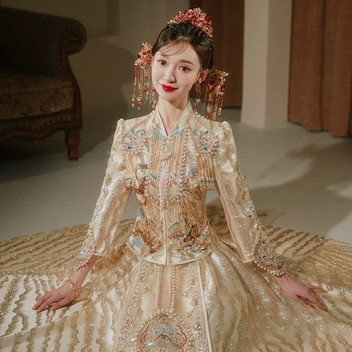 V -neck Show, невеста, шампанский цвет 2023 Новый свадебный маленький высококачественный китайский дракон и платье Phoenix