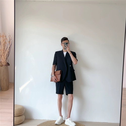 Летний черный пиджак классического кроя для отдыха, комплект, в корейском стиле