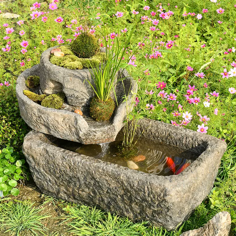 石槽水系景觀流水擺件魚缸庭院噴泉水景陽臺戶外石磨魚池假山造景-Taobao