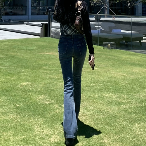 Джинсовые штаны-клёш, темные осенние леггинсы, эластичные штаны, высокая талия, облегающий крой, по фигуре, подходит для подростков