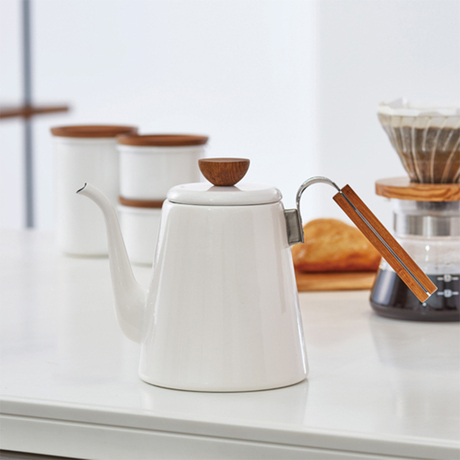 顺丰包邮|日本hario 新款白色珐琅手冲咖啡壶细口壶天然柚木把手