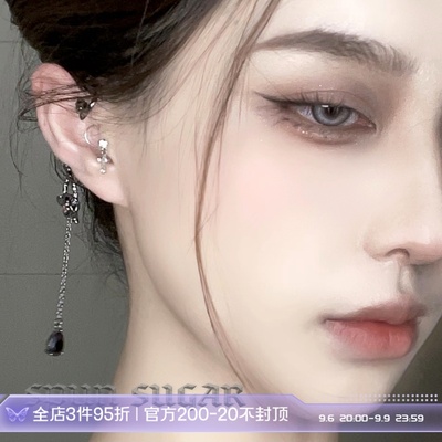 taobao agent Retro advanced small design ear clips, black earrings with tassels, french style, high-quality style, trend of season, no pierced ears