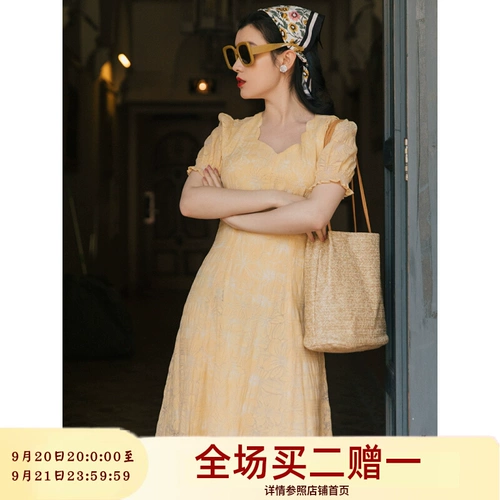 Дизайнерское желтое летнее платье, ретро юбка, французский стиль, тренд сезона