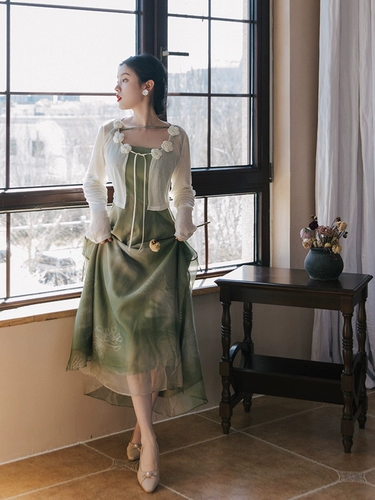 Платье-комбинация, юбка, кардиган, летний атмосферный комплект, зеленое платье, французский стиль