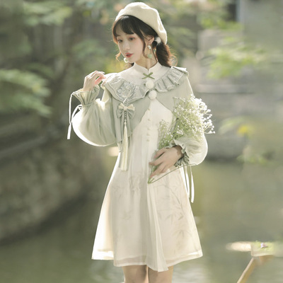 taobao agent Short green cheongsam, cardigan, retro jacket, autumn dress