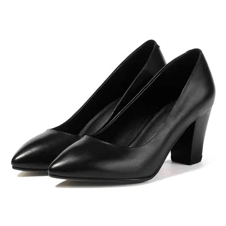 秋季大码瓢鞋尖头真皮女单鞋高跟鞋黑色皮鞋粗跟低跟职业工作鞋子