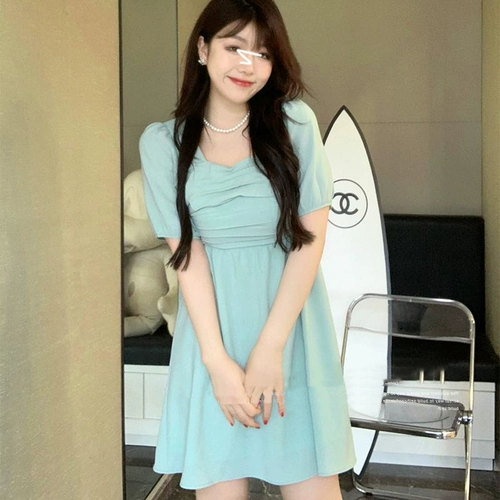 Летнее платье, юбка, большой размер, французский стиль, квадратный вырез, яркий броский стиль, подходит для подростков