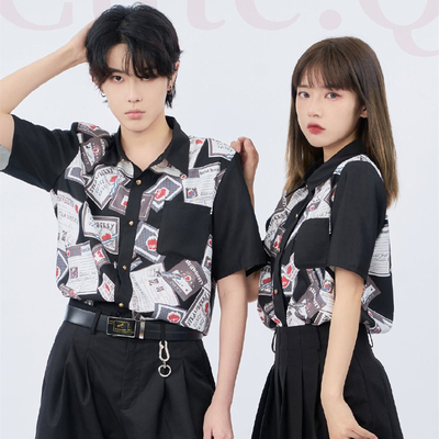 taobao agent [Spot] Shiduo Berry Daily Shirts Men's Female Couple Shirt Student Black Printing Summer Short -sleeved Shirt
