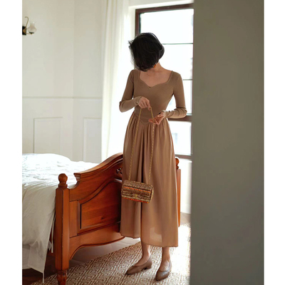 taobao agent Retro brace, elegant knitted dress, long skirt, square neckline, long sleeve
