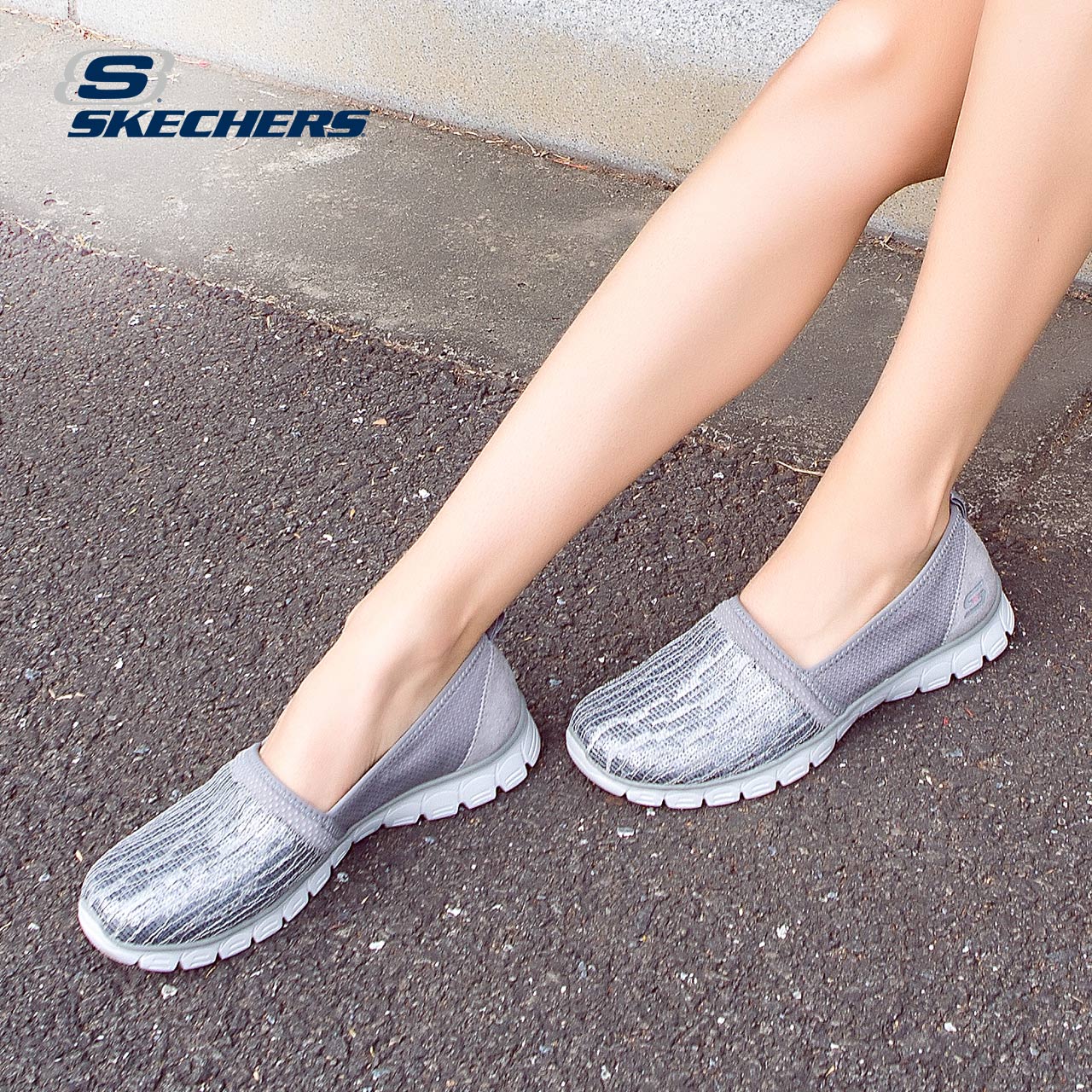 skechers斯凯奇工厂店通勤女鞋 时尚亮片套脚鞋 新品网布鞋23408