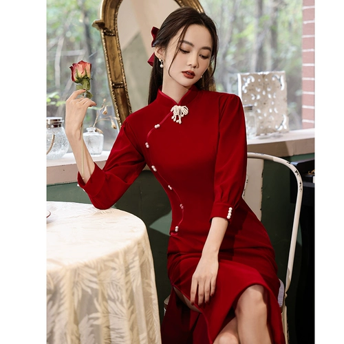 Бархатное ципао, зимнее красное вечернее платье, коллекция 2023, подходит для подростков