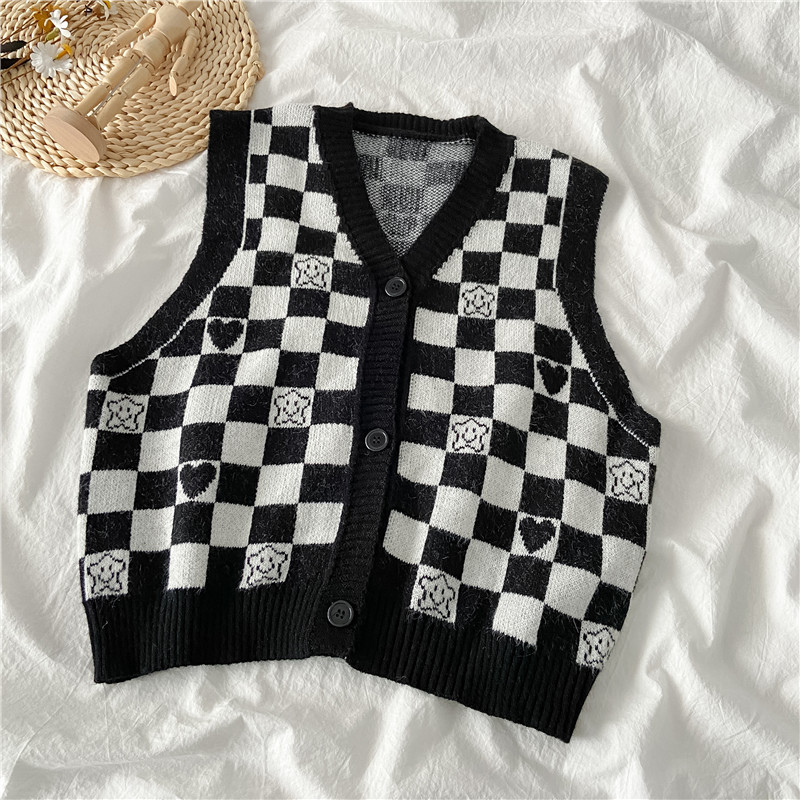 Buy Black and white checkerboard checkered v collar sweater knitted