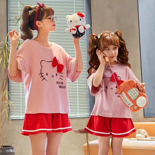 Летняя хлопковая тонкая пижама, милая домашняя одежда, комплект, короткий рукав, семейный стиль