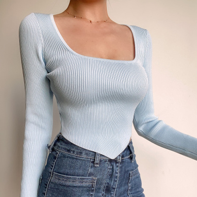 taobao agent Sexy short fitted solid knitted sweater, jacket, bra top, square neckline, high waist