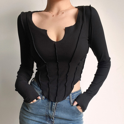 taobao agent Sexy design crooked fitted solid T-shirt, V-neckline, trend of season, high waist