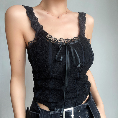 taobao agent Retro cute short lace vest, top, American style, high waist