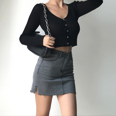 taobao agent Cute short cardigan, V-neckline, high waist, long sleeve