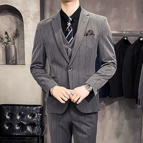 Мужской комплект, пиджак классического кроя, свадебное платье, 3 предмета, в корейском стиле