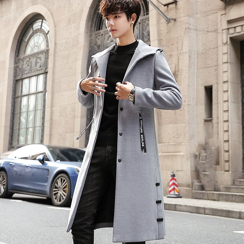 Демисезонное длинное трендовое шерстяное пальто для мальчиков, длинная куртка с капюшоном, плащ, средней длины, длина макси