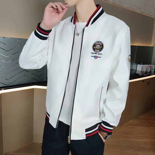 Мужская белая модная тонкая универсальная куртка для отдыха, с вышивкой, осенняя