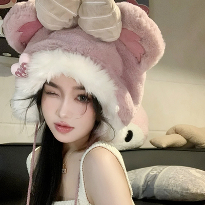 taobao agent Japanese cartoon plush fur ball Xueli Rose hat autumn and winter women's shopping warming ear caps slightly thick bow