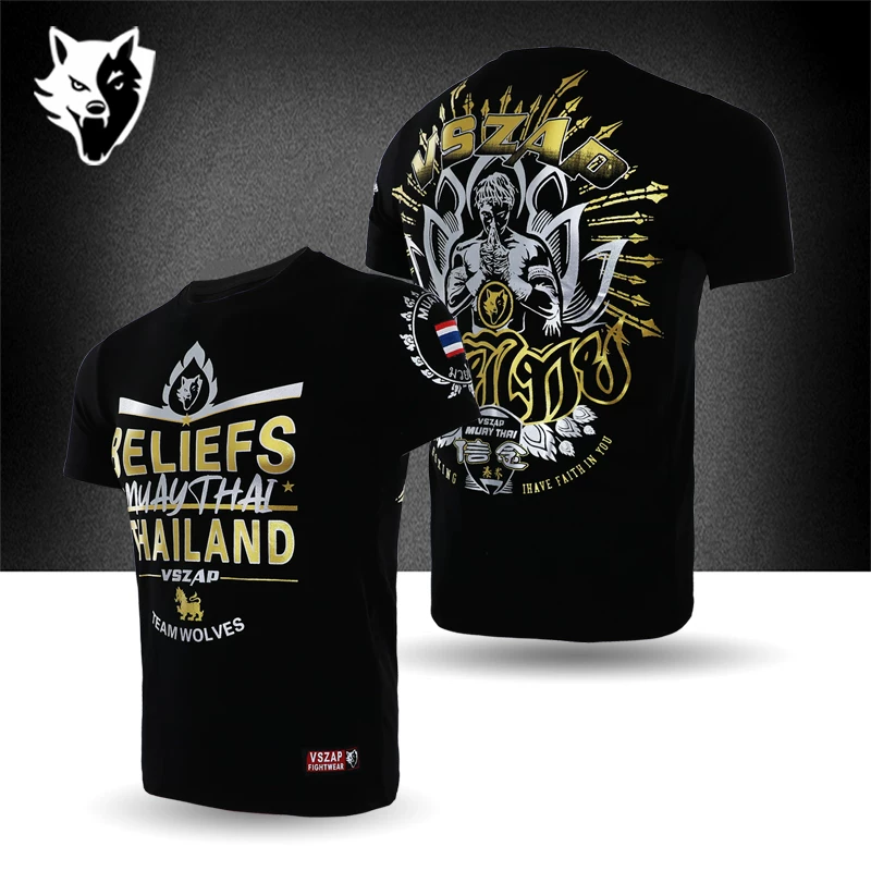 Vszap тайский боксерский тренинг футболка с коротким рукавом, хлопковая футболка UFC, горячая золотая фитнес