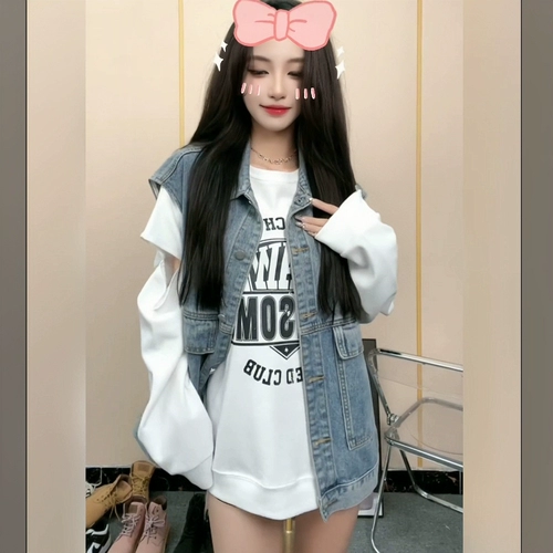 Осенняя брендовая толстовка, джинсовый жилет, европейский стиль, 2022, в американском стиле, свободный крой