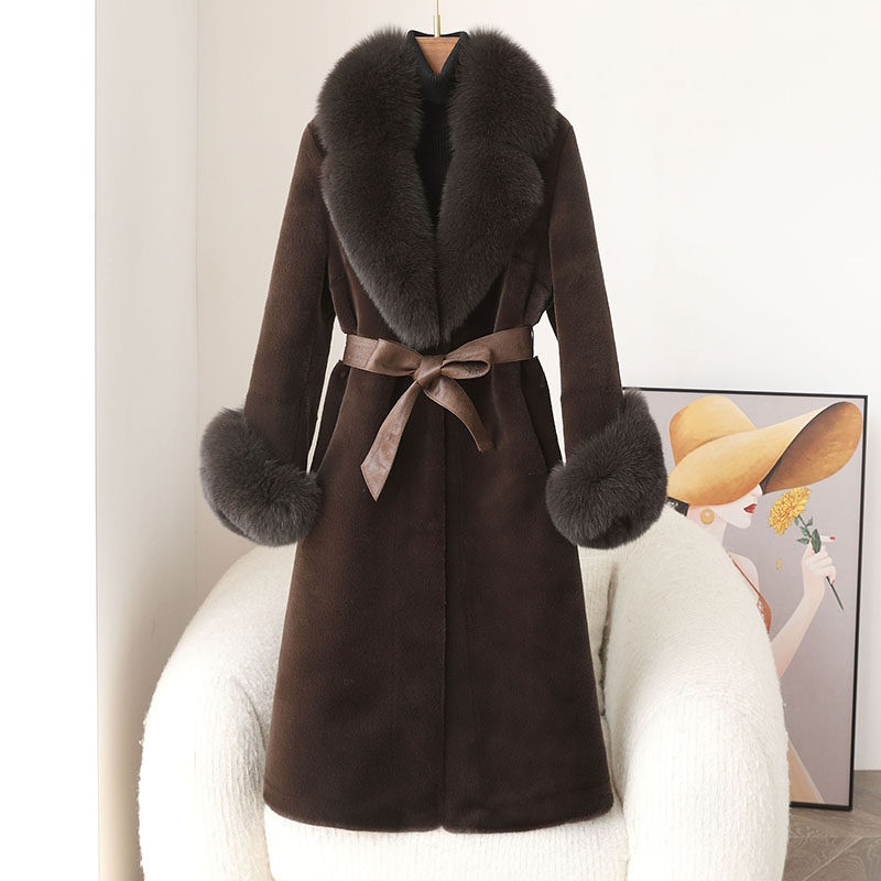 New Mink Fur Coat Womens Long Real Fox Fur Collar Mother's Mink