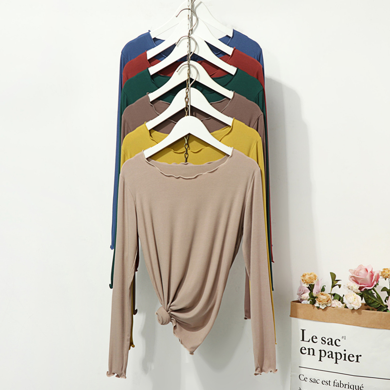 2025秋季新款莫代尔木耳边打底衫女长袖纯色百搭T恤修身显瘦上衣