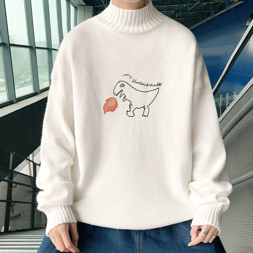 Флисовый динозавр, свитер, трендовая трикотажная утепленный лонгслив, пуховик, высокий воротник, оверсайз, в корейском стиле