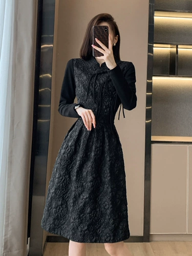 Осеннее черное ретро винтажное платье, приталенный лонгслив, корсет, юбка, французский ретро стиль, изысканный стиль