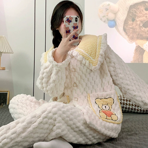 Коралловая бархатная демисезонная пижама, мультяшный утепленный комплект, коллекция 2022, с медвежатами, большой размер