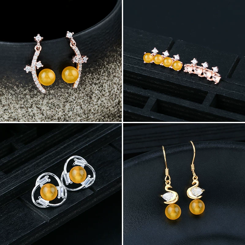 Earrings, red stone inlay wax agate pearl, silver 925 sample, DIY