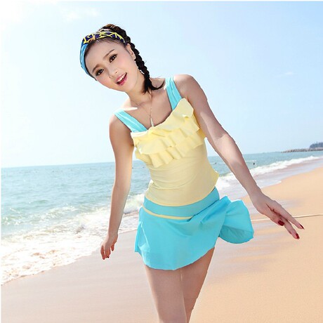 包邮新款女童中大童泳衣分体裙式平角裤两件套学生泳装少女款