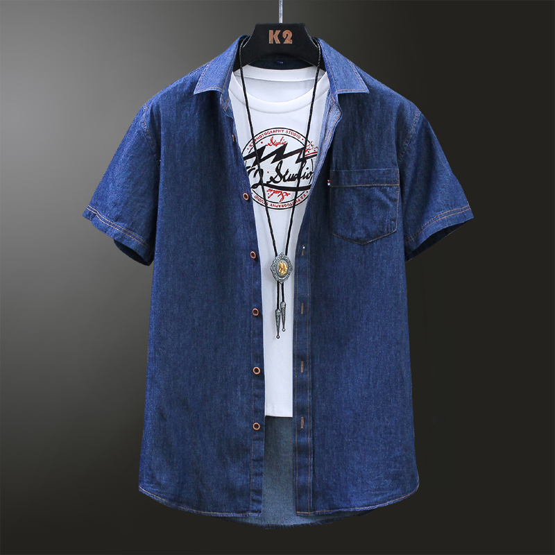 Navy Bluesummer wear Thin cowboy Short sleeve male shirt Korean version trend solar system Retro Versatile Middle sleeve shirt Jeans loose coat
